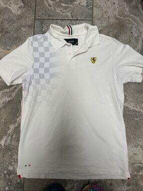 Ferrari White Polo Shirt with Checkered Panel and Shield Patch